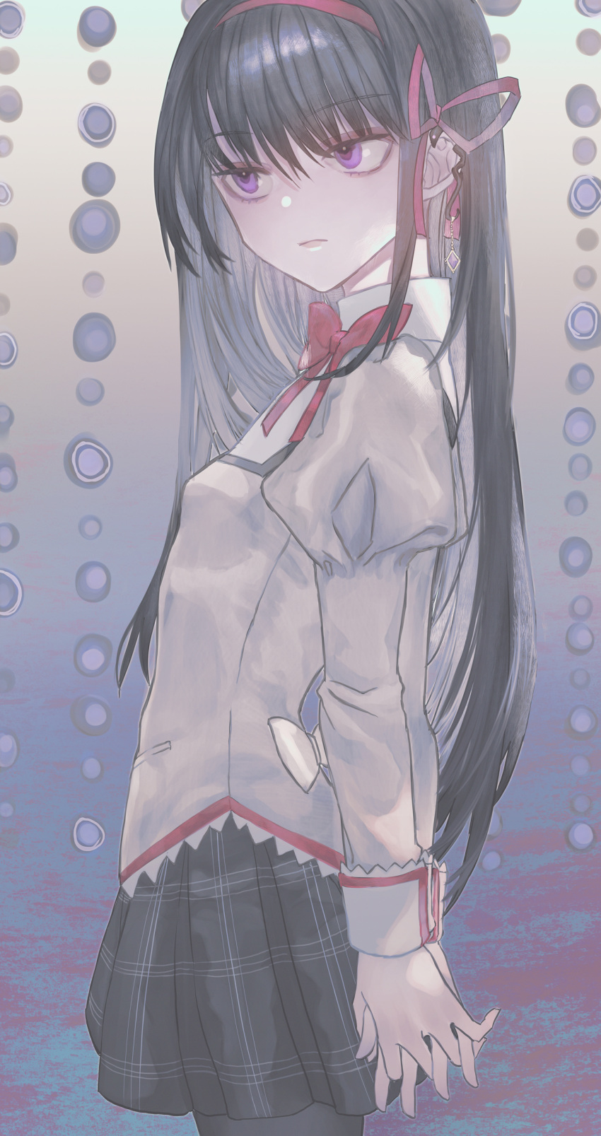1girl abstract_background absurdres akemi_homura arms_behind_back black_hair black_legwear bow bowtie commentary_request cowboy_shot earrings eyebrows_visible_through_hair gradient gradient_background hair_ribbon highres jewelry jitome light_frown long_hair long_sleeves mahou_shoujo_madoka_magica mahou_shoujo_madoka_magica_movie mitakihara_school_uniform pantyhose red_bow red_neckwear red_ribbon ribbon salamander satou_akira_(artist) school_uniform sideways_glance solo very_long_hair violet_eyes