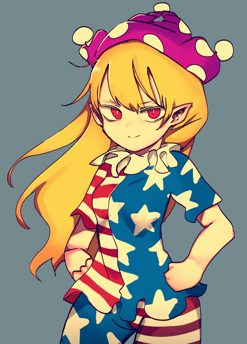 1girl absurdres american_flag_dress american_flag_legwear andanon bad_hands bangs blonde_hair breasts bright_pupils closed_mouth clownpiece commentary_request contrapposto cowboy_shot grey_background hands_on_hips hat highres jester_cap long_hair looking_at_viewer neck_ruff pantyhose pointy_ears polka_dot purple_headwear red_eyes short_sleeves simple_background slit_pupils small_breasts smile solo star_(symbol) star_print touhou v-shaped_eyebrows very_long_hair white_pupils