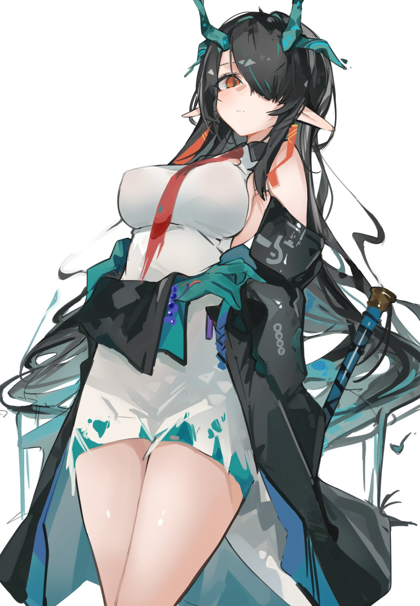 1girl arknights bead_bracelet beads black_coat black_hair blue_skin bracelet breasts china_dress chinese_clothes coat colored_skin cowboy_shot dragon_horns dress dusk_(arknights) hair_over_one_eye highres horns jewelry large_breasts long_hair looking_at_viewer mikojin necktie off_shoulder open_clothes open_coat pointy_ears red_eyes red_neckwear simple_background sleeveless sleeveless_dress solo white_background white_dress