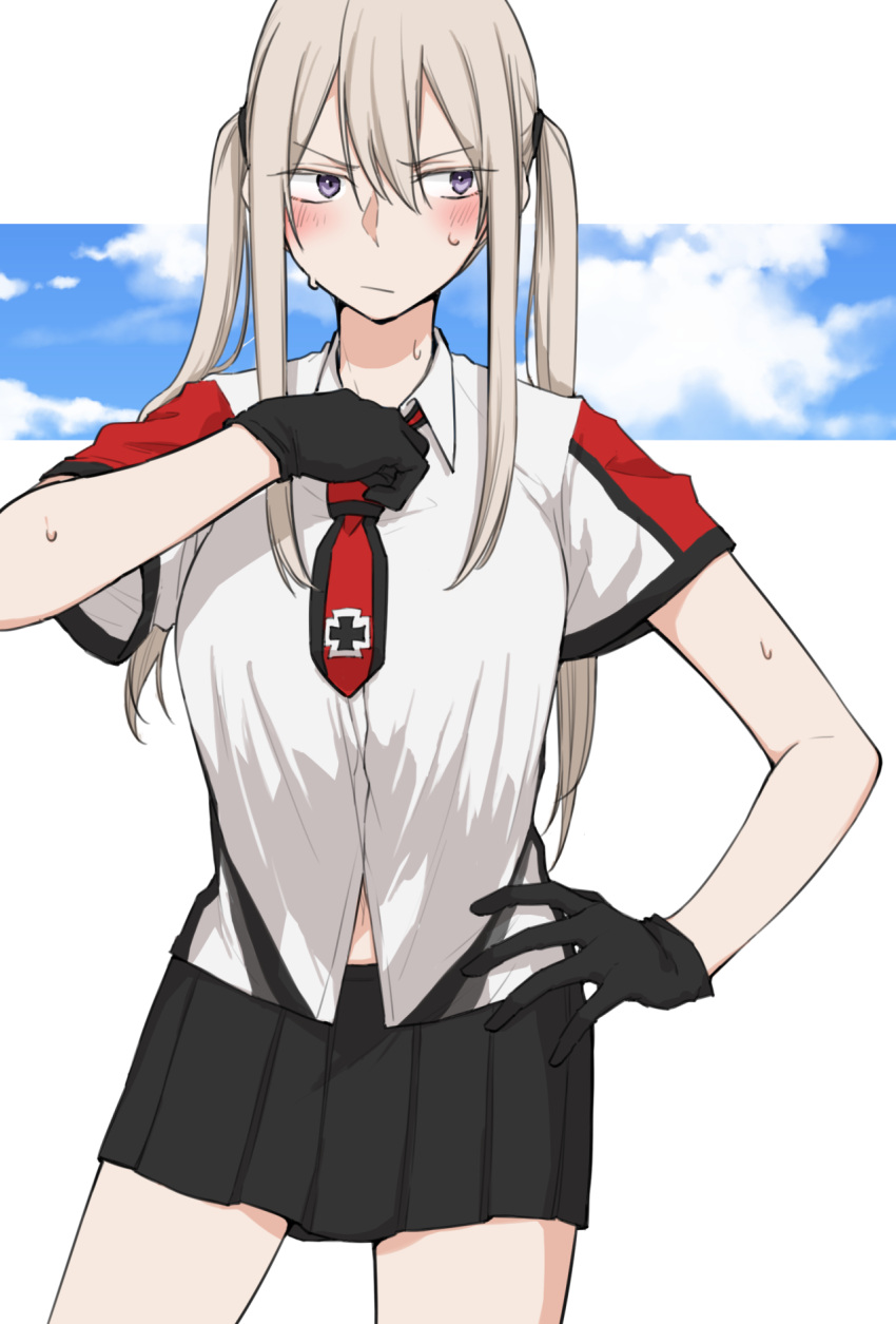1girl adapted_costume bangs banned_artist black_gloves black_skirt blonde_hair blush breasts closed_mouth clouds crop_top crop_top_overhang gloves graf_zeppelin_(kancolle) hair_between_eyes hand_on_hip highres iron_cross kantai_collection large_breasts long_hair pleated_skirt saki_tsurugi shirt short_sleeves sidelocks simple_background skirt solo summer_uniform sweat twintails violet_eyes