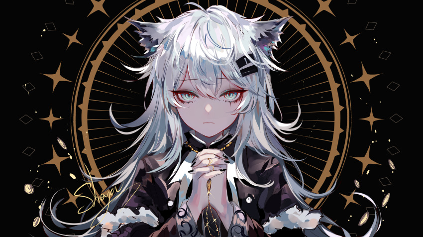 1girl absurdres animal_ears arknights bangs black_background commentary_request grey_eyes highres lappland_(arknights) lappland_(refined_horrormare)_(arknights) long_hair looking_at_viewer official_alternate_costume own_hands_together sheya silver_hair solo upper_body wolf_ears