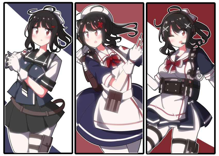 1girl ac130 black_hair bow crutch girls_frontline gloves gsh-18_(girls_frontline) hair_ornament hairclip hat headset highres mod3_(girls_frontline) needle nurse nurse_cap official_alternate_costume open_mouth red_cross red_eyes simple_background skindentation skirt