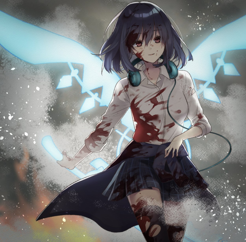 1girl alice_(sinoalice) blood blood_on_face blood_splatter bloody_clothes blue_hair clothes_around_waist collared_shirt energy_sword energy_wings headphones headphones_around_neck highres holding holding_sword holding_weapon jacket jacket_around_waist looking_at_viewer parted_lips plaid plaid_skirt pleated_skirt red_eyes school_uniform shirt sinoalice skirt smile smoke solo sword thigh-highs torn_clothes torn_legwear weapon yuna726