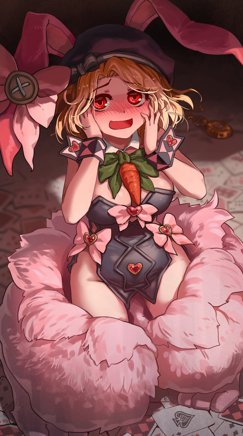 1girl absurdres animal_costume animal_ears beret blonde_hair blush bunny_costume card carrot commentary_request cosplay cuff_links emmanuelle_love fluffy full_body hat highres looking_at_viewer march_hare_(monster_girl_encyclopedia) melaton monster_girl monster_girl_encyclopedia open_mouth original rabbit_ears rabbit_girl red_eyes smile solo tail