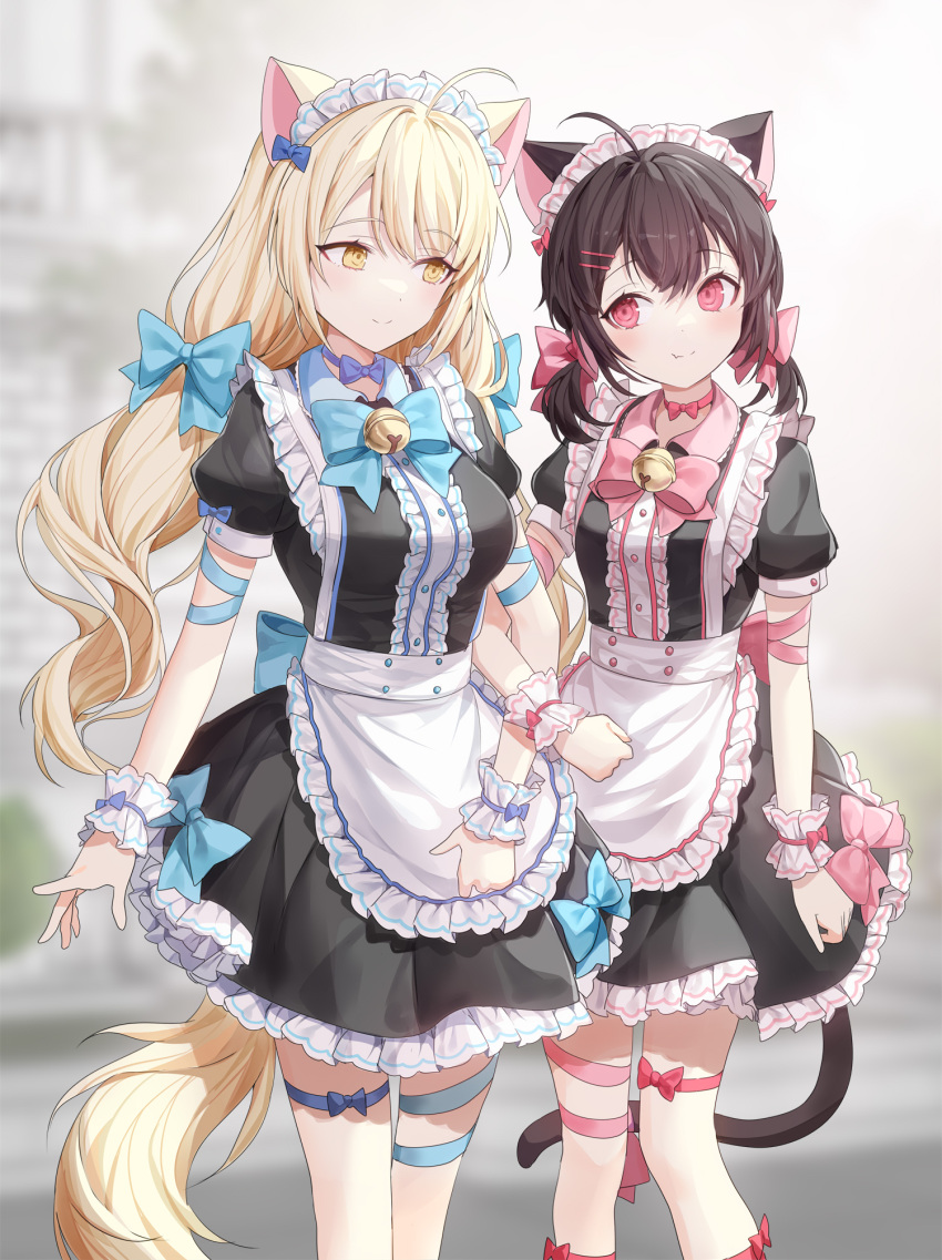 2girls animal_ears apron bell black_dress black_hair blonde_hair bow bowtie cat_ears cat_girl cat_tail choker commission dress frilled_dress frills hair_bow highres jingle_bell long_hair looking_at_another low_twintails maid maid_apron maid_headdress multiple_girls original pixiv_request puffy_sleeves red_eyes ronopu short_sleeves smile standing tail thigh_strap twintails waist_apron wavy_hair wing_collar wrist_cuffs yellow_eyes