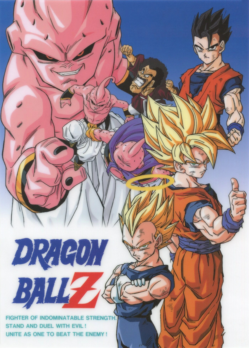 1990s_(style) 6+boys afro aqua_eyes black_eyes black_nails black_sclera blonde_hair cape closed_eyes colored_sclera colored_skin copyright_name crossed_arms dougi dragon_ball dragon_ball_z facial_hair gloves gradient gradient_background grin halo highres kid_buu looking_at_viewer majin_buu mr._satan multiple_boys muscular muscular_male mustache official_art pink_skin pointing pointing_at_viewer red_eyes retro_artstyle saiyan scan serious smile son_gohan son_goku spiky_hair super_saiyan thumbs_up torn_clothes vegeta widow's_peak wristband