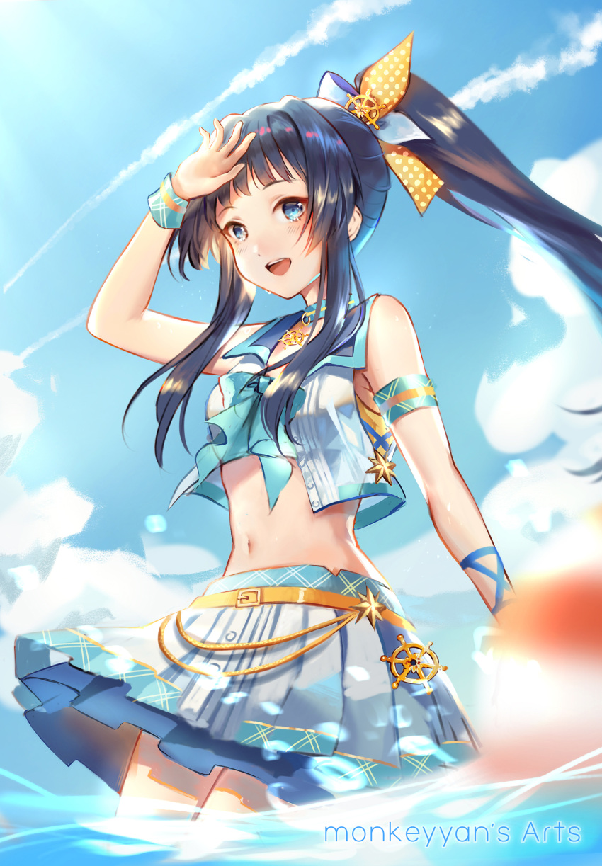 1girl absurdres artist_name black_hair blue_eyes blurry breasts clouds cloudy_sky crop_top crop_top_overhang depth_of_field highres idolmaster idolmaster_million_live! idolmaster_million_live!_theater_days long_hair midriff miniskirt mogami_shizuka navel open_mouth ponytail skirt sky sleeveless small_breasts solo vest wading watermark yan_wong