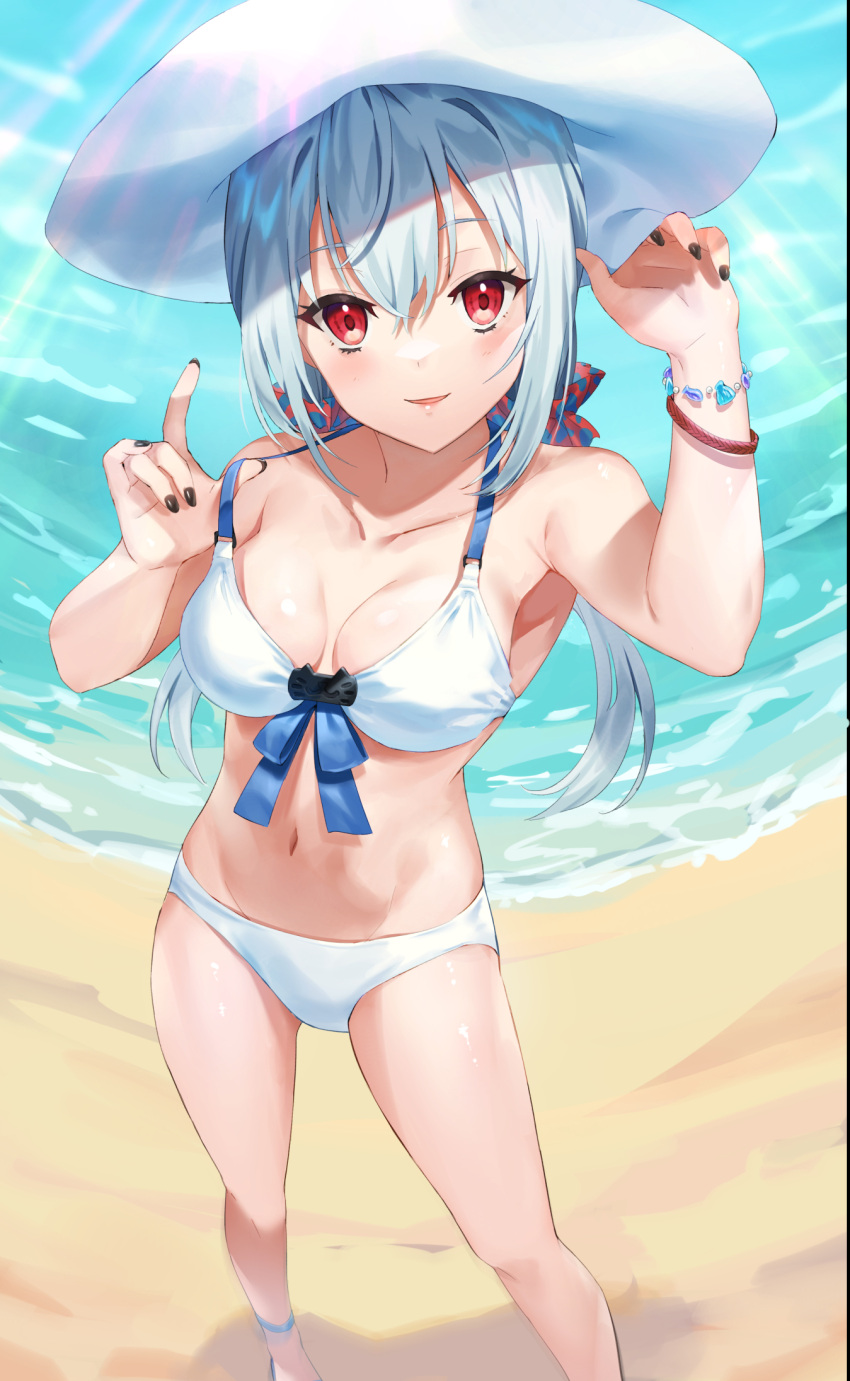 1girl arm_up armpits bangs bare_shoulders beach bikini black_nails breasts collarbone commentary_request day eyebrows_visible_through_hair hair_between_eyes hakase_fuyuki hand_on_headwear hand_up hat highres long_hair medium_breasts mosomoso nail_polish navel nijisanji outdoors parted_lips red_eyes sand silver_hair smile solo standing swimsuit very_long_hair virtual_youtuber water white_bikini white_headwear