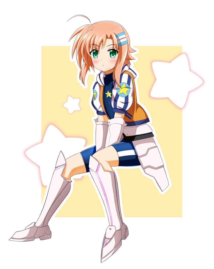 1girl bangs bike_shorts blue_shirt blush border closed_mouth commentary_request eyebrows_visible_through_hair faulds frown gauntlets gloves greaves green_eyes hair_ornament highres invisible_chair jacket looking_at_viewer lyrical_nanoha magical_girl mahou_shoujo_lyrical_nanoha_vivid miura_rinaldi open_clothes open_jacket orange_jacket oshimaru026 outline outside_border pink_hair shirt short_hair short_sleeves sitting solo star_(symbol) star_saber v-shaped_eyebrows white_border white_footwear white_gloves white_outline