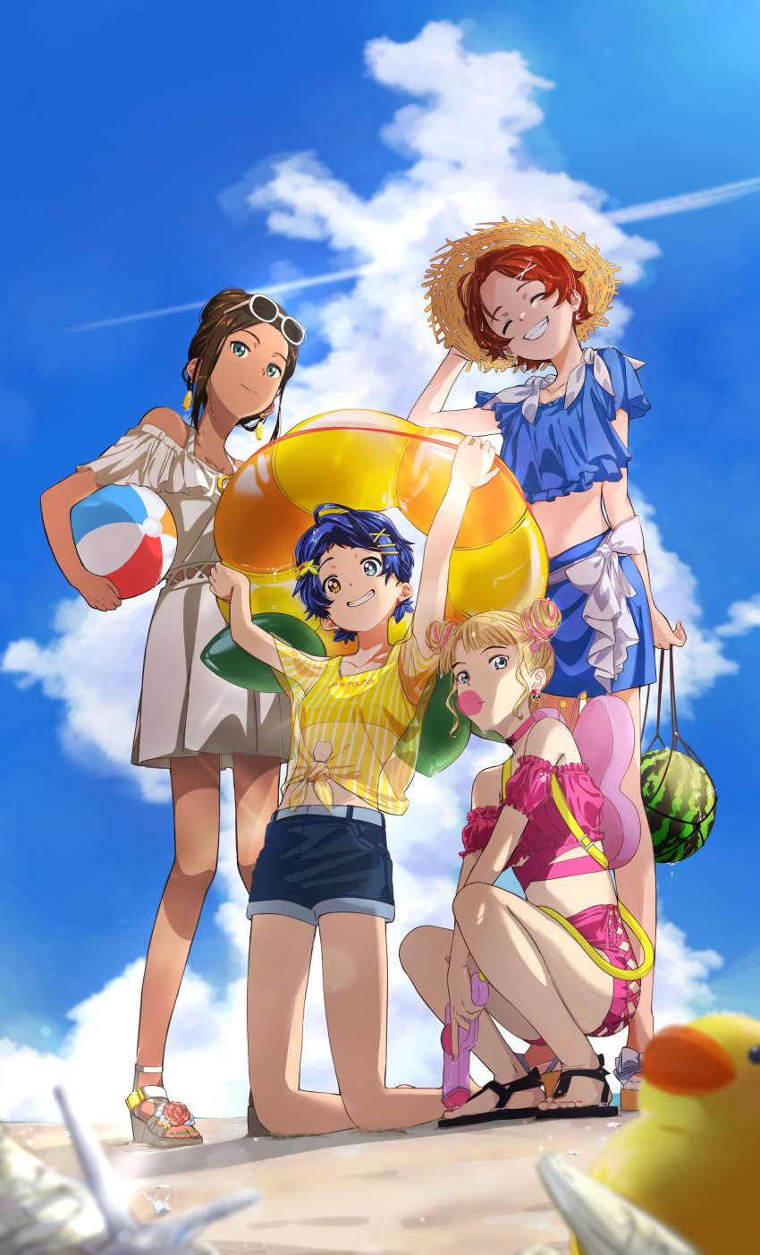 4girls ^_^ absurdres ahoge aonuma_neiru arm_behind_head arm_between_legs backpack bag ball bangs barefoot beach beachball blonde_hair blue_eyes blue_hair blue_nails blue_shorts blue_skirt blue_sky brown_hair bubble_blowing butterfly_wings carrying carrying_overhead carrying_under_arm chewing_gum choker closed_eyes closed_mouth clothing_cutout clouds collarbone condensation_trail crop_top cross_choker cutoffs dark_blue_hair day denim double_bun dress ear_piercing earrings eyewear_on_head floral_print flower food frills fruit green_nails grey_dress grey_ribbon hair_ornament hairclip hat heterochromia highres holding holding_ball holding_beachball holding_innertube holding_water_gun hood hoodie hose innertube jewelry kawai_rika kneeling korob_greey86 laces looking_at_viewer midriff multicolored_hair multiple_girls nail_polish ooto_ai outdoors outstretched_arms piercing piggyback pink_choker pink_nails pink_shirt pink_shorts redhead rubber_duck ruit sand sandals sawaki_momoe seashell shell shirt short_hair short_shorts shorts shoulder_cutout sidelocks skirt sky smile squatting standing straw_hat sunflower_print sunglasses translucent_shirt two-tone_hair water_drop water_gun watermelon wings wonder_egg_priority x_hair_ornament yellow_belt yellow_eyes yellow_hoodie yellow_shirt