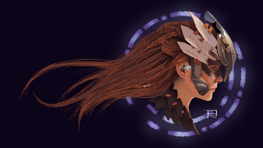 1girl aloy_(horizon) alternate_hair_color brown_hair drawingislife92 english_commentary forehead_protector from_side green_eyes helmet highres horizon_zero_dawn lips long_hair looking_afar looking_at_viewer nose realistic side_braids solo