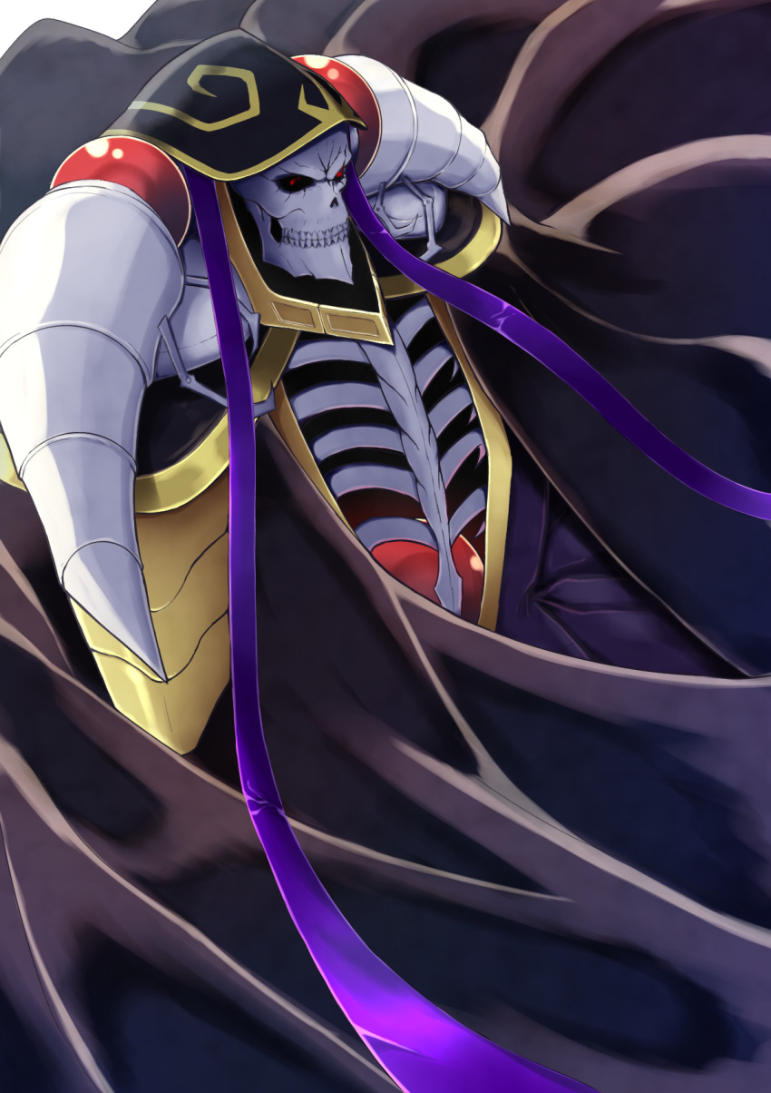 1boy ainz_ooal_gown armor hat highres horns izu_(tea_value_lord) lich male_focus overlord_(maruyama) red_eyes robe shoulder_armor skeleton solo white_background