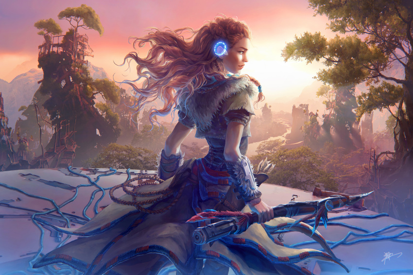 1girl aloy_(horizon) arrow_(projectile) capelet english_commentary forehead from_behind fur_trim green_eyes headset highres holding holding_polearm holding_spear holding_weapon holographic_interface horizon_zero_dawn koloromuj landscape layered_skirt leather_skirt long_hair looking_at_viewer looking_back nose orange_hair photoshop_(medium) polearm post-apocalypse quiver ruins side_braids skirt solo_focus spear sunset tallneck_(horizon) thick_eyebrows tribal turning_head vambraces weapon