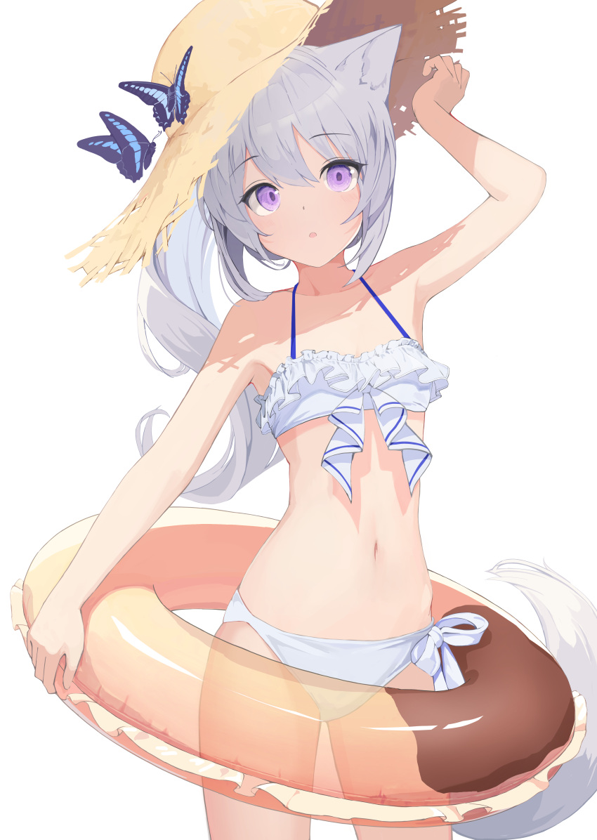1girl :o absurdres animal_ears bikini breasts bug butterfly doughnut flat_chest food hat highres innertube insect mikisai navel original ponytail small_breasts solo straw_hat swimsuit tail violet_eyes white_background white_bikini white_hair