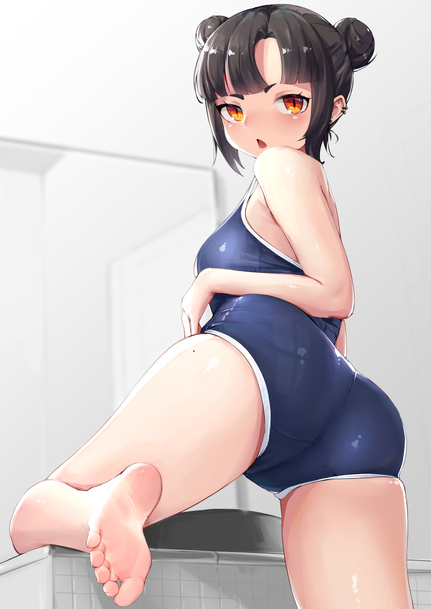 1girl absurdres ass bangs barefoot black_hair blue_swimsuit blunt_bangs blush breasts competition_school_swimsuit crotch_seam double_bun ear_piercing earrings feet from_behind highres indoors jewelry looking_at_viewer looking_back mole mole_on_thigh nanami_kazuki one-piece_swimsuit open_mouth orange_eyes original piercing school_swimsuit short_hair sidelocks slit_pupils small_breasts soles solo stud_earrings swimsuit twisted_torso