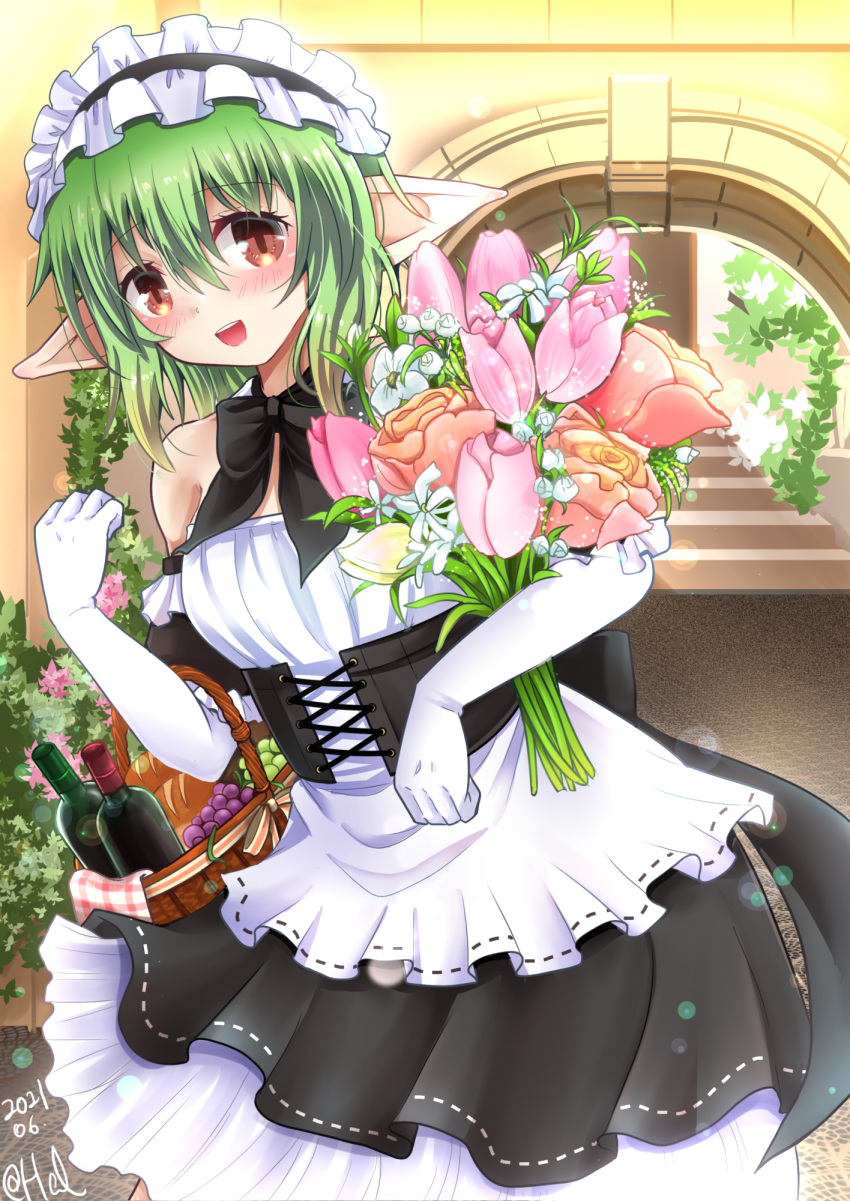 1girl :d arch basket black_bow black_dress bottle bouquet bow brown_eyes dated dress elbow_gloves flower food fruit gloves grapes hair_between_eyes hal_(harun) highres holding holding_flower lina_(sennen_sensou_aigis) maid maid_headdress open_mouth pointy_ears sennen_sensou_aigis smile solo standing white_gloves wine_bottle
