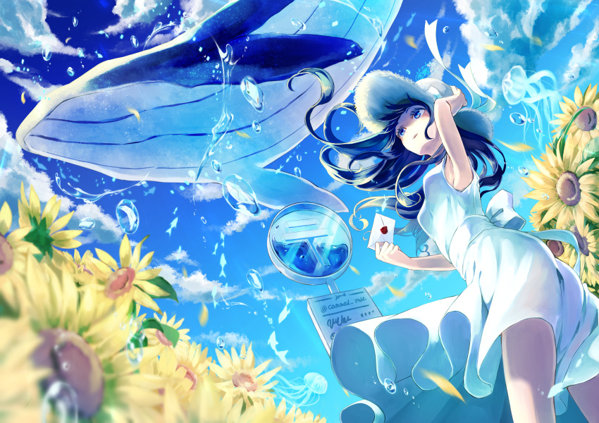 1girl absurdres blue_eyes blue_hair blue_sky canned_rose clouds dress envelope flower flying_whale hand_on_headwear highres holding holding_letter huge_filesize jellyfish letter looking_up original road_sign sign sky sundress sunflower water whale white_dress white_headwear