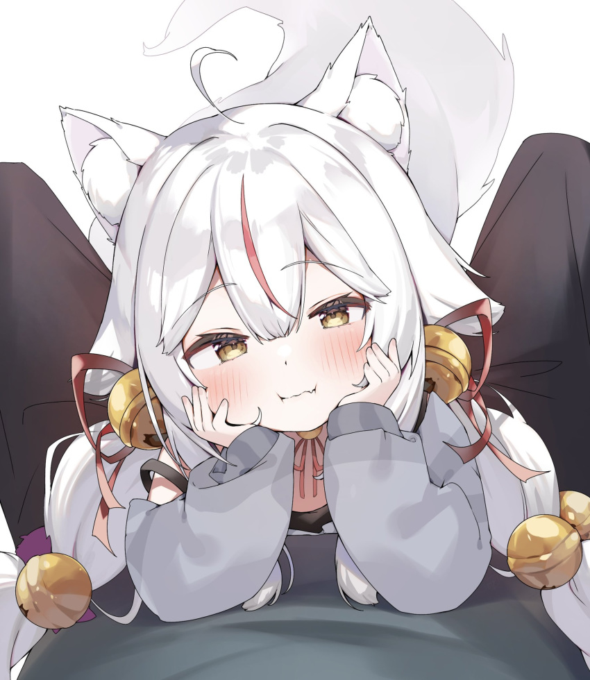 1girl animal_ears arm_support bell between_legs commission fang fang_out fox_ears fox_tail hair_bell hair_ornament highres indie_virtual_youtuber kamiko_kana long_hair lying on_stomach sinnop10 skeb_commission smile tail virtual_youtuber white_hair yellow_eyes