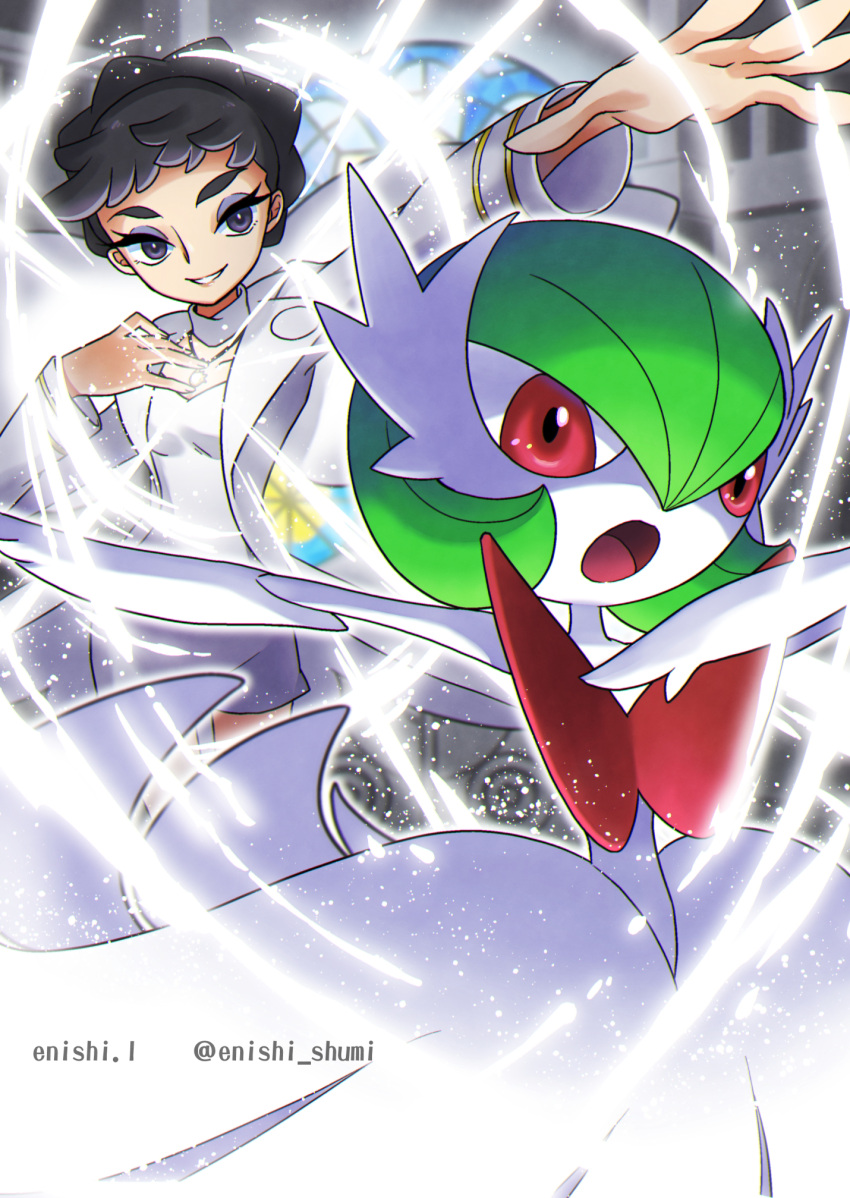 1girl artist_name battle black_eyes black_hair breasts detached_collar diantha_(pokemon) energy enishi_(menkura-rin10) eyeshadow fighting_stance gardevoir gen_3_pokemon highres jacket jewelry long_sleeves makeup mega_gardevoir mega_pokemon necklace open_mouth outstretched_arm parted_lips pokemon pokemon_(creature) pokemon_(game) pokemon_battle pokemon_xy red_eyes shirt short_hair shorts smile teeth twitter_username white_jacket white_shirt white_shorts