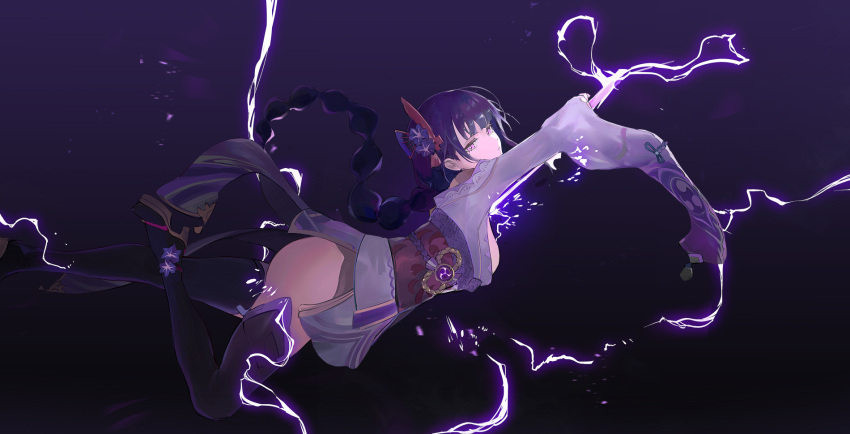 1girl bangs braid breasts closed_mouth commentary_request electricity energy_sword english_commentary flower from_side genshin_impact hair_flower hair_ornament high_heels highres holding holding_sword holding_weapon japanese_clothes katana kimono koio long_hair looking_at_viewer mole mole_under_eye purple_flower purple_hair raiden_(genshin_impact) sash simple_background solo sword tassel thigh-highs violet_eyes vision_(genshin_impact) weapon