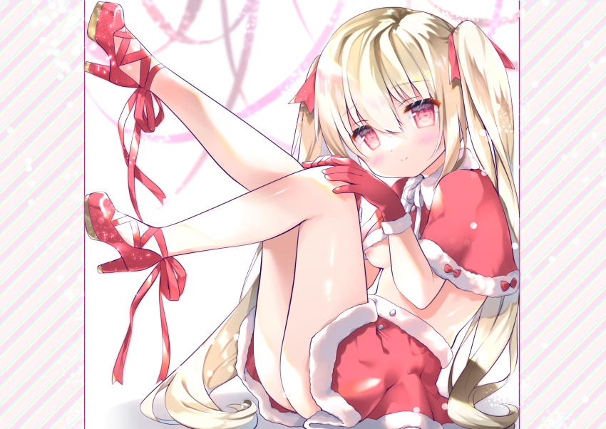 1girl amanagi_seiji bangs blonde_hair blush breasts capelet closed_mouth diagonal_stripes eyebrows_visible_through_hair full_body fur-trimmed_capelet fur-trimmed_gloves fur-trimmed_skirt fur_trim gloves hair_between_eyes hair_ribbon hands_on_own_knee high_heels highres knee_up leg_up long_hair looking_at_viewer medium_breasts original red_capelet red_eyes red_footwear red_gloves red_ribbon red_skirt ribbon shoes skirt smile solo striped striped_background twintails under_boob very_long_hair