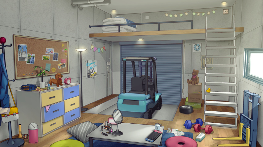 alarm_clock arrow_(symbol) bag bed blanket box bulletin_board bunk_bed cardboard_box clock cosmetics cup cushion drawer dumbbell english_text fan flashlight forklift glasses ground_vehicle hand_mirror handheld_game_console hat_stand indie_virtual_youtuber indoors konami_code lamp light_rays lipstick_tube logo_parody mascara_wand mikan_box mirror molcar motor_vehicle mug nintendo_switch no_humans okrihto_tirto_channel orange-framed_eyewear paper pencil photo_(object) plant poster_(object) potato_(pui_pui_molcar) potted_plant pui_pui_molcar rubber_duck rug scenery shoulder_bag stairs star_(symbol) string_of_flags stuffed_animal stuffed_dog stuffed_toy table teddy_bear tissue tissue_box trash_can twitter_username wheel window wooden_floor yoruhachi