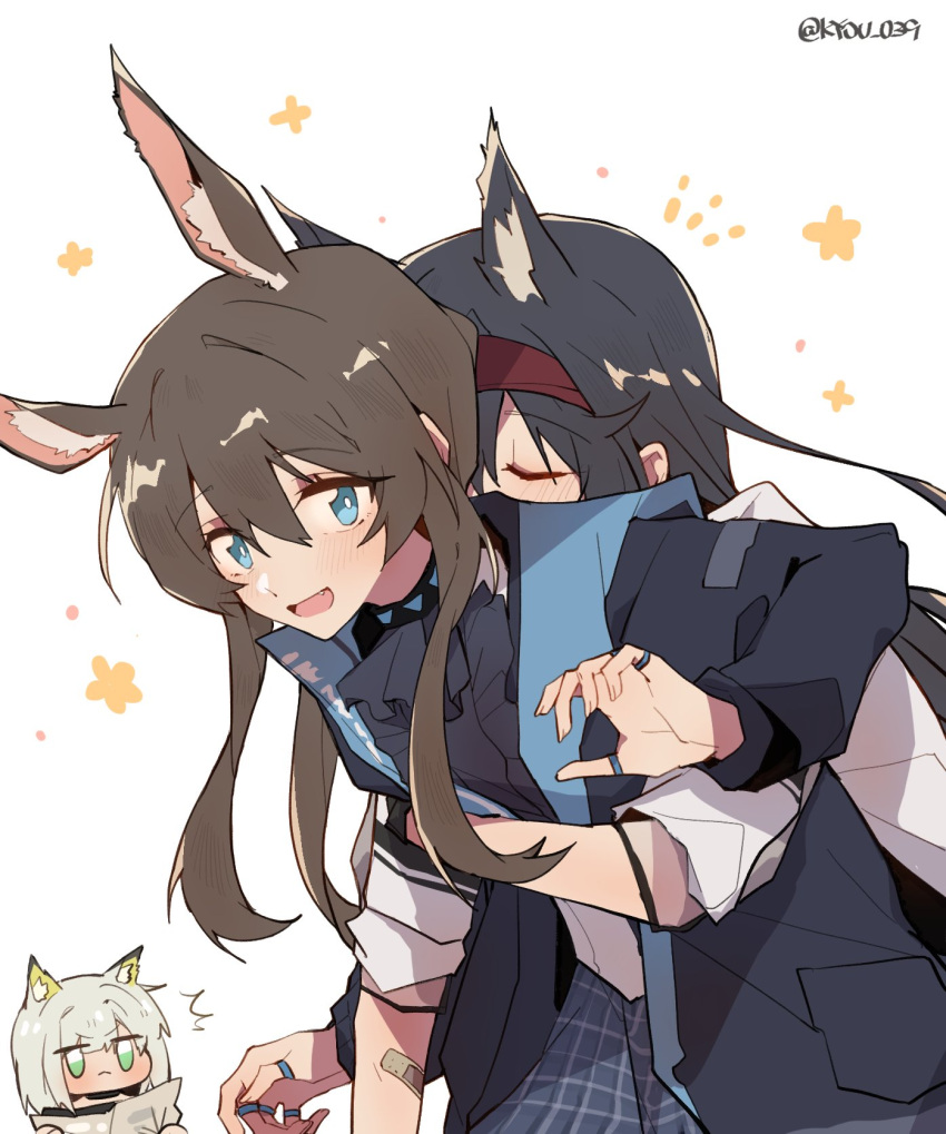 3girls amiya_(arknights) animal_ears arknights black_hair blaze_(arknights) blue_eyes blush brown_hair cat_ears cat_girl closed_eyes cravat green_eyes hairband highres jacket jewelry kal'tsit_(arknights) kyou_039 long_hair multiple_girls plaid plaid_skirt rabbit_ears rabbit_girl ring skirt