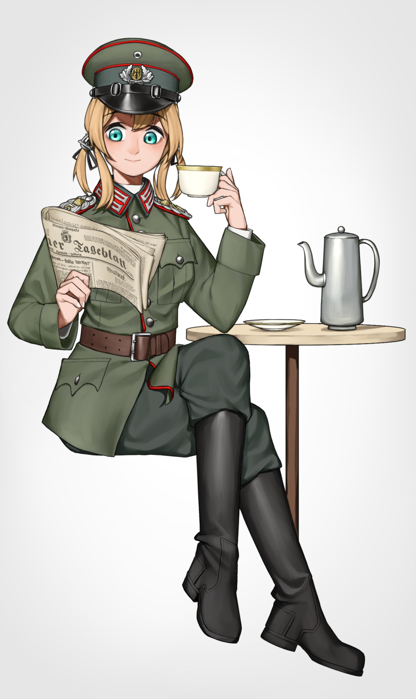 1girl black_footwear blonde_hair blue_eyes boots cup green_pants hat highres invisible_chair kantai_collection knee_boots military military_hat military_uniform newspaper pants peaked_cap prinz_eugen_(kancolle) pzkpfwi saucer short_hair sitting solo teacup uniform