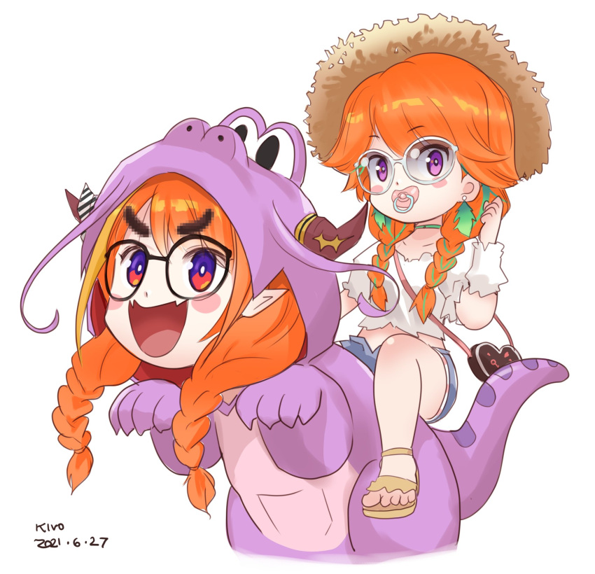 2girls artist_name bag blonde_hair blush_stickers bow braid choker commentary dated diagonal-striped_bow dinosaur_costume earrings english_commentary fangs glasses green_hair handbag hat highres hololive hololive_english horn_bow horn_ornament horns jewelry kiryu_coco kivo multicolored_hair multiple_girls orange_hair pacifier pointy_ears riding sandals skin_fangs streaked_hair sun_hat takanashi_kiara twin_braids two-tone_hair violet_eyes virtual_youtuber