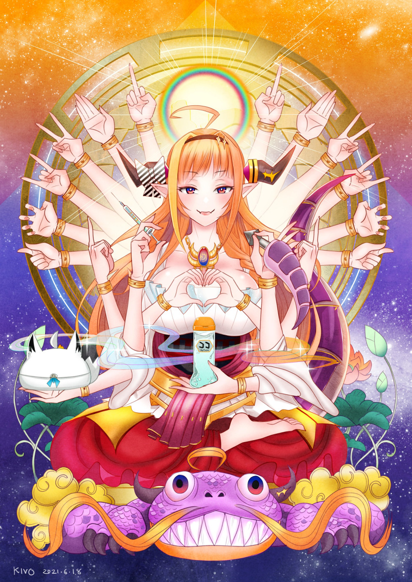 1girl \n/ absurdres ahoge artist_name asacoco barefoot blonde_hair bow bracelet breasts commentary dated diagonal-striped_bow dragon_girl dragon_horns dragon_tail extra_arms hairband highres hololive horn_bow horn_ornament horns indian_style jewelry kiryu_coco kivo large_breasts lube middle_finger orange_hair pendant plant pointy_ears rainbow sitting smile solo space syringe tail v violet_eyes virtual_youtuber