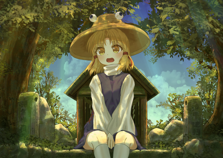 1girl absurdres bangs between_legs blonde_hair blue_sky clouds commentary_request day ekaapetto eyebrows_visible_through_hair feet_out_of_frame hair_ribbon hand_between_legs hat high_collar highres kneehighs light_rays long_sleeves looking_at_viewer moriya_suwako moss open_mouth outdoors parted_bangs purple_skirt purple_vest ribbon rope shide shimenawa shirt short_hair shrine sidelocks sitting skirt sky solo sunbeam sunlight touhou tree v_arms vest white_legwear white_shirt yellow_eyes