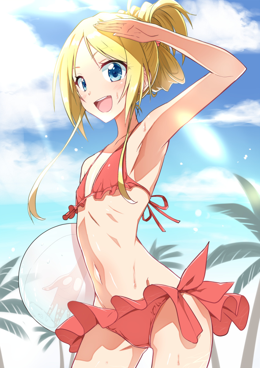 1girl :d armpits ball bikini blue_eyes blue_sky blush clouds commentary_request day flat_chest folded_ponytail frilled_bikini frills hand_up highres holding holding_ball looking_at_viewer navel open_mouth original palm_tree red_bikini short_hair sky smile solo sunlight sweat swimsuit thighs tree yuto_(dialique)