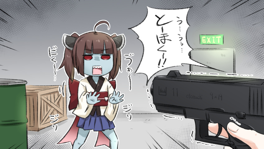 2girls ahoge bangs barrel blue_skirt blunt_bangs brown_hair colored_skin commentary_request crate door exit_sign eyebrows_visible_through_hair grey_skin gun handgun headgear highres holding holding_gun holding_weapon indoors japanese_clothes kimono long_sleeves multiple_girls neon-tetora obi otomachi_una out_of_frame pistol pleated_skirt red_eyes sash skirt solo_focus touhoku_kiritan trembling twintails v-shaped_eyebrows voiceroid weapon white_kimono wide_sleeves zombie