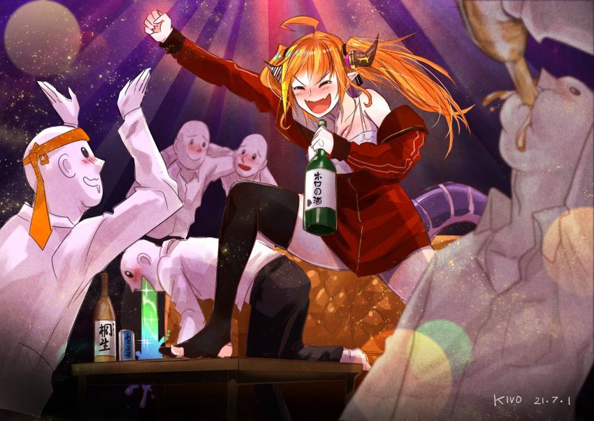 1girl 5others ahoge beer_can blonde_hair blush bottle can dated dragon_girl dragon_horns dragon_tail drinking drooling highres hololive horns kiryu_coco kivo light multicolored_hair multiple_others necktie necktie_on_head orange_hair ryoushi_chicken_soup_grass_big_chungus sake_bottle signature streaked_hair table tail thigh-highs twintails two-tone_hair virtual_youtuber vomiting vomiting_rainbows