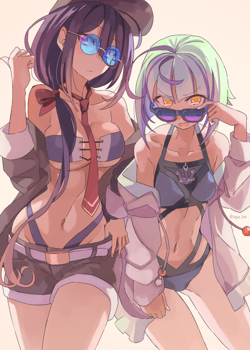 2girls ahoge ariake_(kancolle) black_jacket black_shorts blush breasts closed_mouth collarbone eyebrows_visible_through_hair green_hair grey_jacket highres jacket kantai_collection long_hair long_sleeves low_ponytail medium_breasts multiple_girls navel necktie open_mouth purple_hair red_neckwear shorts sugue_tettou sunglasses take_(kancolle) twitter_username violet_eyes yellow_eyes