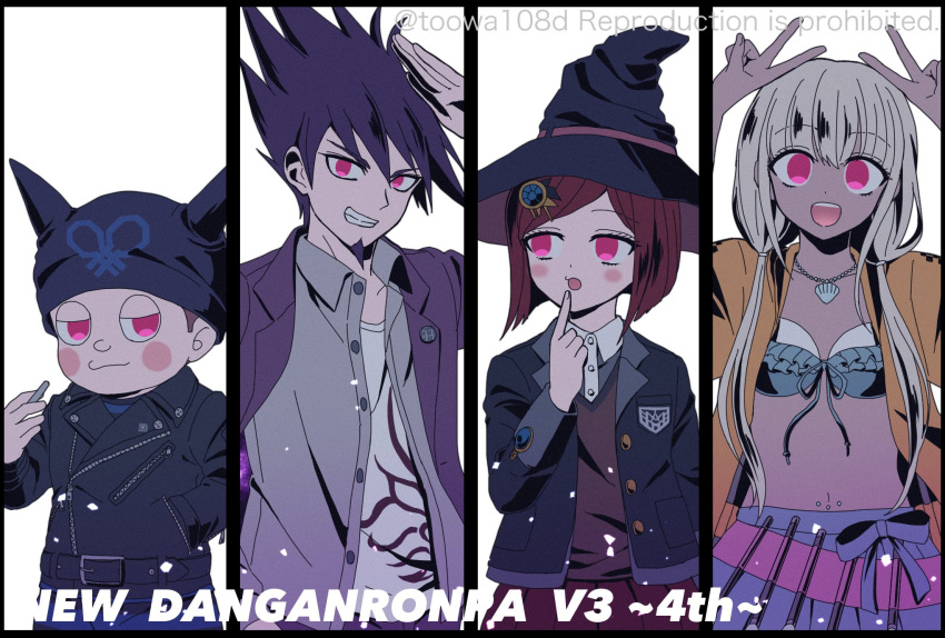 108_(toowa) 2boys 2girls :d :o bangs black_hair black_headwear blush blush_stickers brown_hair brown_vest cigarette collarbone collared_shirt commentary_request copyright_name dangan_ronpa_(series) dangan_ronpa_v3:_killing_harmony double_v dress_shirt eyebrows_visible_through_hair facial_hair finger_to_mouth flat_chest goatee grey_background grey_hair grey_shirt grin hair_ornament hands_up hat highres holding holding_cigarette horned_headwear hoshi_ryouma index_finger_raised jacket leather leather_jacket long_hair long_sleeves looking_at_viewer miniskirt momota_kaito multiple_boys multiple_girls navel open_clothes open_jacket open_mouth open_shirt pants pink_jacket print_shirt red_eyes red_skirt redhead shell_necklace shirt short_hair simple_background skirt smile spiky_hair stomach striped striped_pants two-tone_shirt v vest watermark witch_hat yonaga_angie yumeno_himiko