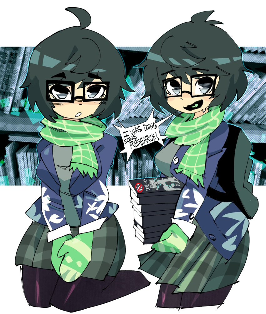 1girl atsuta_miyazu bangs black_hair breasts chibi embarrassed glasses gloves highres hitoshura jiansketch large_breasts looking_at_viewer open_mouth scarf school_uniform shin_megami_tensei shin_megami_tensei_iii:_nocturne shin_megami_tensei_v short_hair simple_background solo wavy_hair