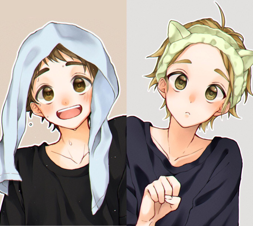 2boys :d ahoge black_shirt blonde_hair blush brown_eyes brown_hair collarbone commentary_request ensemble_stars! face highres male_focus mashiro_tomoya multiple_boys open_mouth shirt smile tenma_mitsuru towel towel_on_head two-tone_background yellow_eyes ystn0046