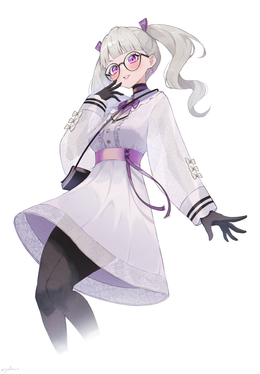 1girl absurdres bangs black_gloves black_legwear blush breasts dress glasses gloves grey_dress grey_hair gudanco_(nyanmeowzer) haruna_swift heavenrend highres looking_ahead medium_breasts medium_hair pantyhose purple_belt round_eyewear smile solo twintails virtual_youtuber