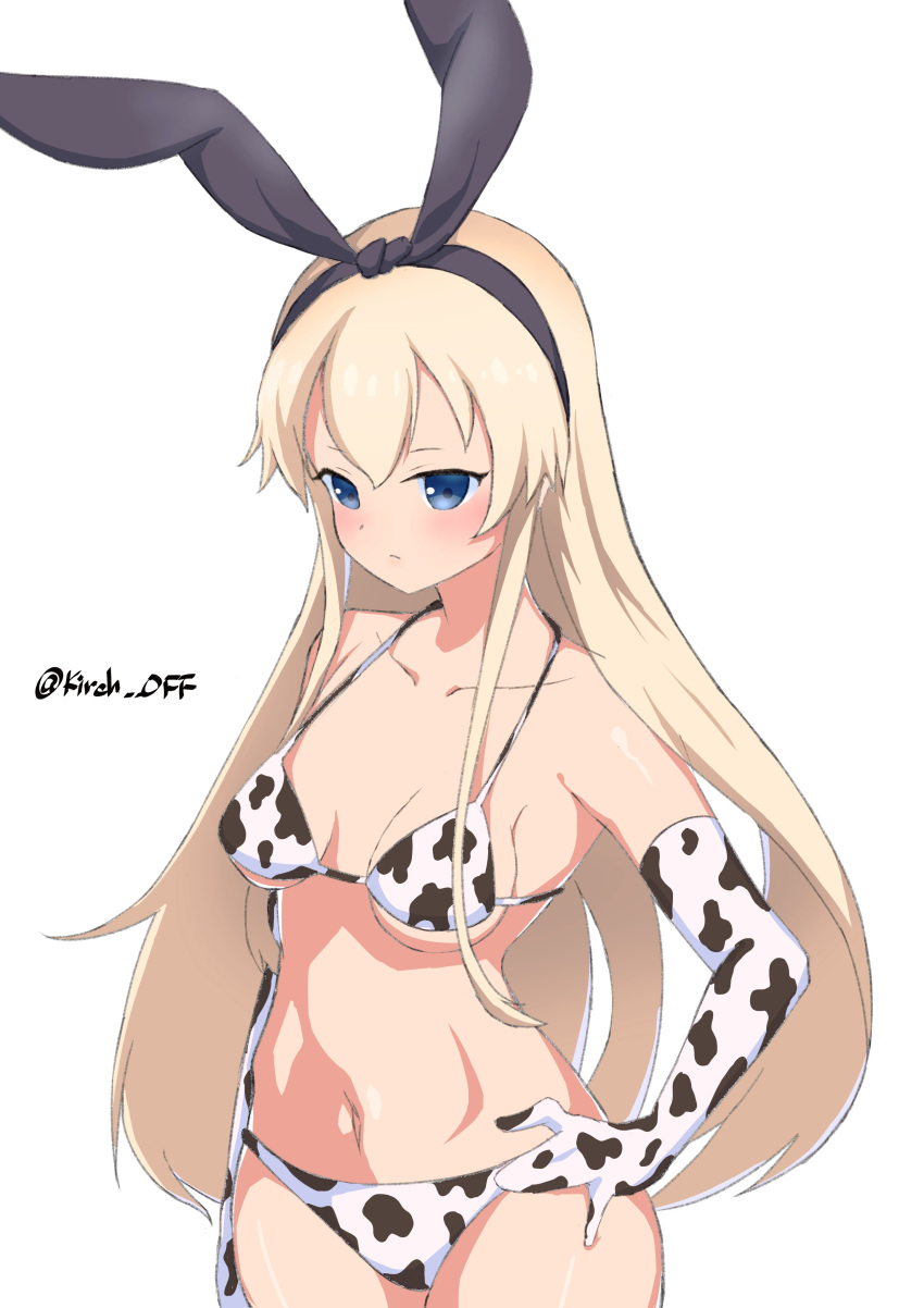 1girl absurdres animal_print bikini black_hairband blonde_hair breasts collarbone cow_print cowboy_shot gloves grey_eyes hairband hand_on_hip highres kantai_collection kirchoff long_hair looking_at_viewer navel one-hour_drawing_challenge shimakaze_(kancolle) simple_background small_breasts solo standing swimsuit twitter_username white_background white_bikini white_gloves