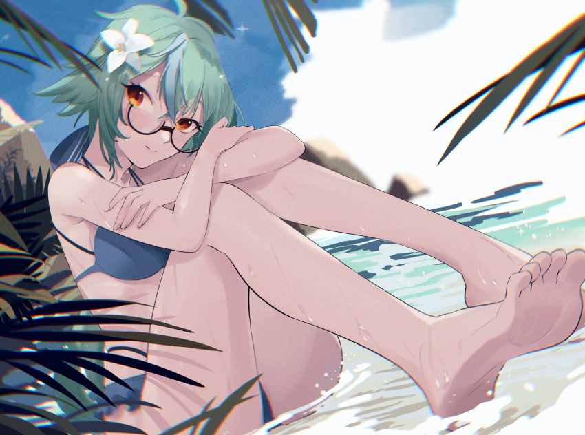 1girl absurdres animal_ears bangs bare_legs bare_shoulders barefoot bikini blue_sky blush breasts clouds cloudy_sky flower genshin_impact glasses green_hair hair_flower hair_ornament highres igawa_(460180189) long_hair looking_at_viewer midriff multicolored_hair orange_eyes rock semi-rimless_eyewear sitting sky soles solo sucrose_(genshin_impact) summer swimsuit water