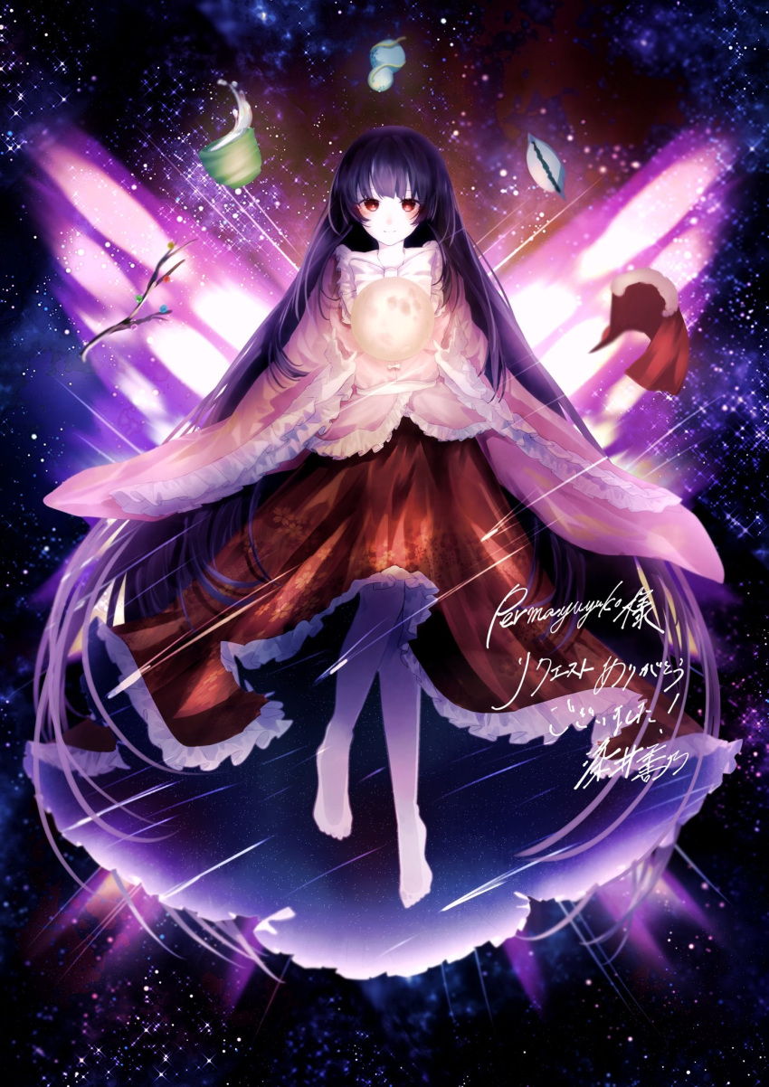 1girl bangs barefoot belt black_hair blouse bow butterfly_wings closed_mouth collar commentary_request eyebrows_visible_through_hair flying frills hands_up highres houraisan_kaguya jeweled_branch_of_hourai light long_hair long_skirt long_sleeves looking_at_viewer moon night night_sky no_hat no_headwear pink_blouse pink_sleeves red_eyes red_skirt shadow skirt sky smile solo somei_ooo star_(sky) starry_sky touhou very_long_hair white_belt white_bow white_collar white_neckwear wide_sleeves wings