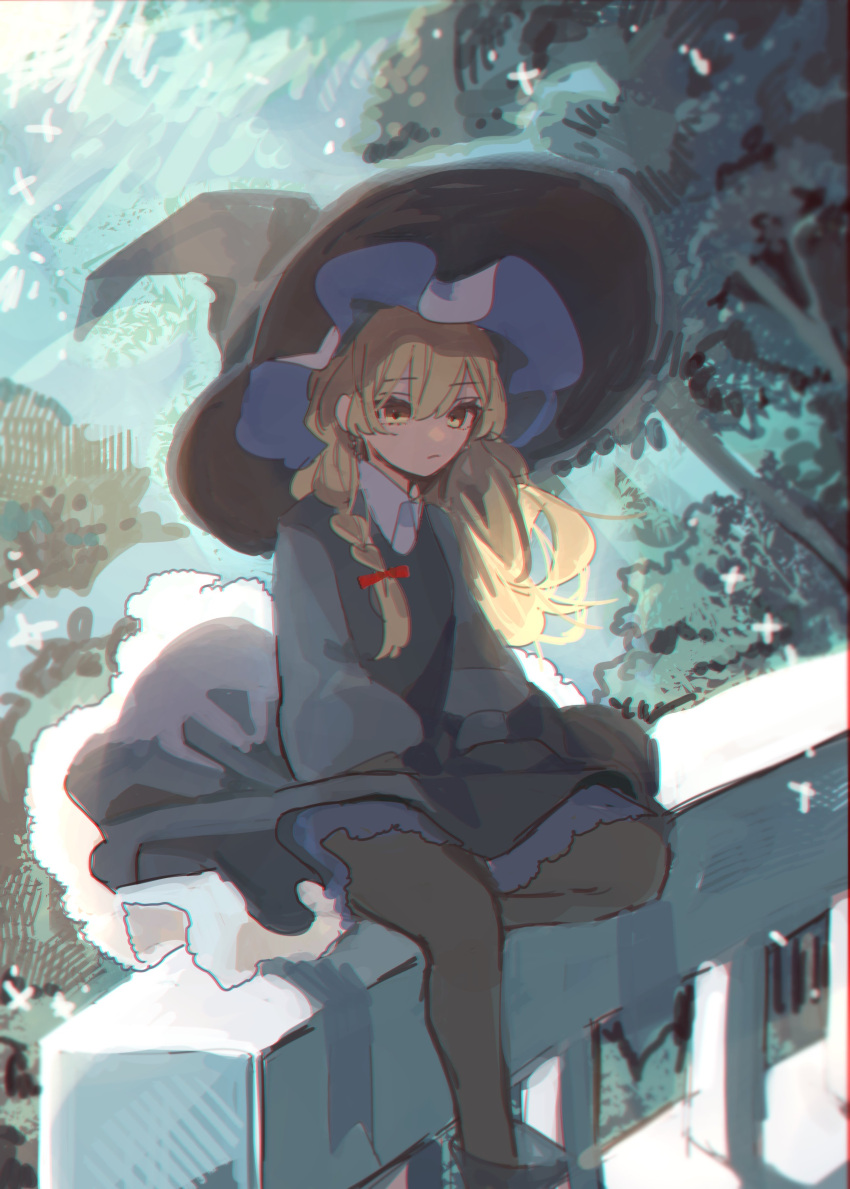 1girl absurdres bangs black_dress black_headwear blonde_hair bow braid commentary_request dress hair_bow hat highres kirisame_marisa long_hair long_sleeves one-hour_drawing_challenge pantyhose red_bow shi_chimi shirt single_braid sitting solo touhou tree white_shirt witch_hat yellow_eyes