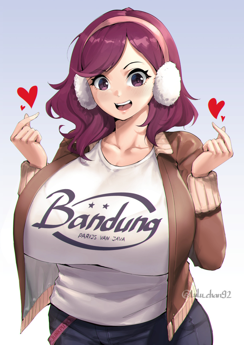 1girl absurdres bangs beryl_(junkpuyo) blush breasts brown_jacket collarbone commentary curvy earmuffs english_commentary finger_heart heart highres huge_breasts jacket looking_at_viewer lulu-chan92 medium_hair open_clothes open_jacket open_mouth original pants parted_bangs purple_hair shirt swept_bangs upper_body violet_eyes white_shirt