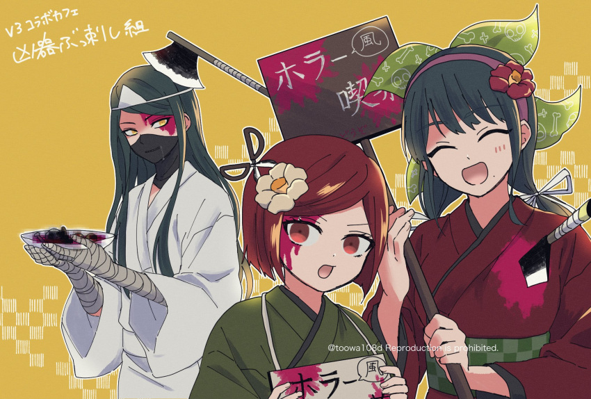 108_(toowa) :d axe bangs black_hair blood blood_on_face blush bob_cut chabashira_tenko dangan_ronpa_(series) dangan_ronpa_v3:_killing_harmony flower green_kimono hair_flower hair_ornament hair_ribbon highres holding japanese_clothes kimono knife long_hair long_sleeves looking_at_viewer mole mole_under_mouth obi open_mouth orange_background plaid red_eyes red_kimono redhead ribbon sash scissors_hair_ornament shinguuji_korekiyo short_hair sign skull smile translation_request twintails watermark white_flower white_kimono white_ribbon wide_sleeves yumeno_himiko