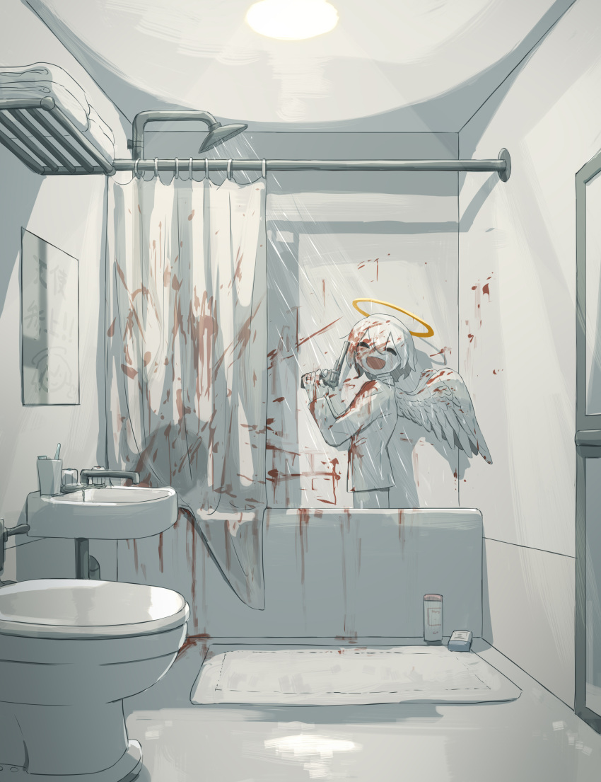 1boy 1other :d absurdres angel angel_wings avogado6 bathtub blood blood_splatter bloody_clothes bloody_hair colored_skin commentary corpse facing_viewer feathered_wings from_side gun halo handgun highres holding holding_gun holding_weapon indoors jacket open_mouth original pants pistol revolver shower_curtain smile suicide weapon white_jacket white_pants white_skin white_theme white_wings wings