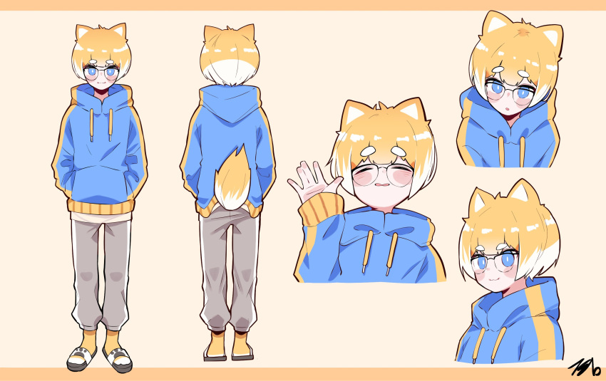 1boy :3 animal_ears bangs blonde_hair blue_eyes blush blush_stickers bob_cut character_sheet dog_boy dog_ears dog_tail eyebrows_visible_through_hair full_body glasses highres hood hoodie kim_tosyeo looking_at_viewer male_focus multicolored_hair multiple_views sandals short_eyebrows solo tail tosyeo_59 twitch.tv two-tone_hair waving white_hair