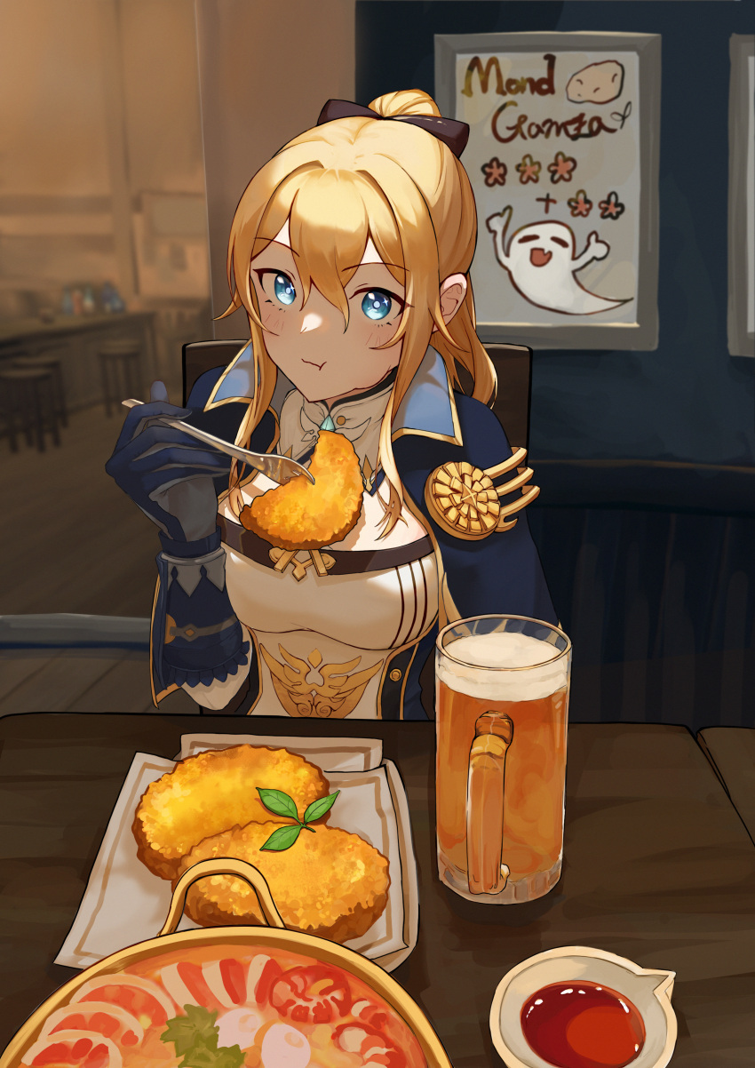 1girl absurdres alcohol beer_mug blonde_hair blue_eyes blush bow bowl breasts capelet cup drink eating food fork genshin_impact ghost hair_bow highres indoors jean_(genshin_impact) looking_at_viewer mug non09_24 ponytail poster_(object) sitting solo table