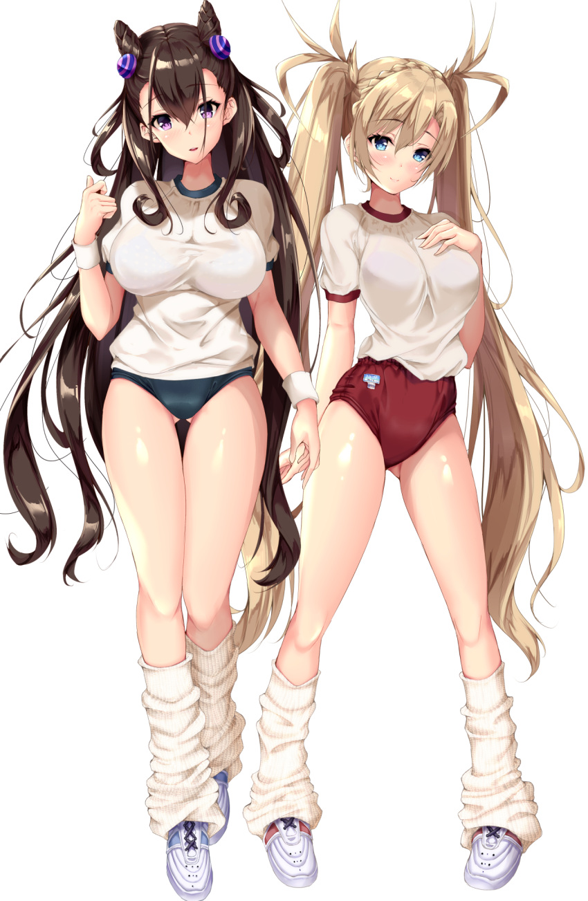 2girls ass_visible_through_thighs bangs black_bra blonde_hair blue_eyes blush bra bra_through_clothes bradamante_(fate) braid breasts brown_hair buruma closed_mouth commentary_request crown_braid eyebrows_visible_through_hair fate/grand_order fate_(series) fukuda_shuushi full_body gym_shirt gym_uniform hair_between_eyes hair_cones hand_on_own_chest hand_up highres kneehighs large_breasts long_hair looking_at_viewer loose_socks multiple_girls murasaki_shikibu_(fate) red_buruma see-through shiny shiny_hair shiny_skin shirt shoes short_sleeves simple_background smile sneakers socks standing twintails underwear very_long_hair violet_eyes white_background white_legwear white_shirt wristband