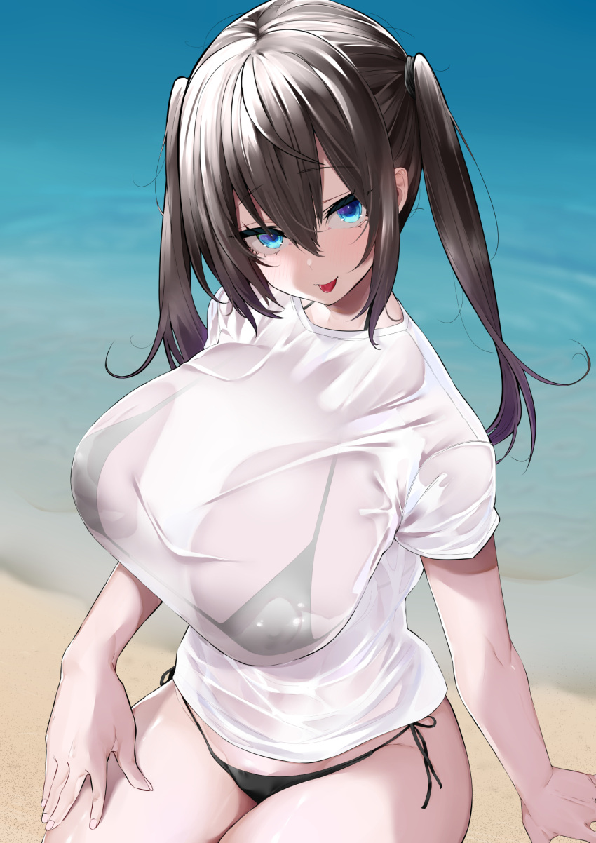 1girl bangs beach bikini bikini_under_clothes black_bikini blue_eyes blush breasts brown_hair highres large_breasts long_hair looking_at_viewer mitsudoue open_mouth original shirt shore short_sleeves smile solo swimsuit tongue tongue_out twintails white_shirt